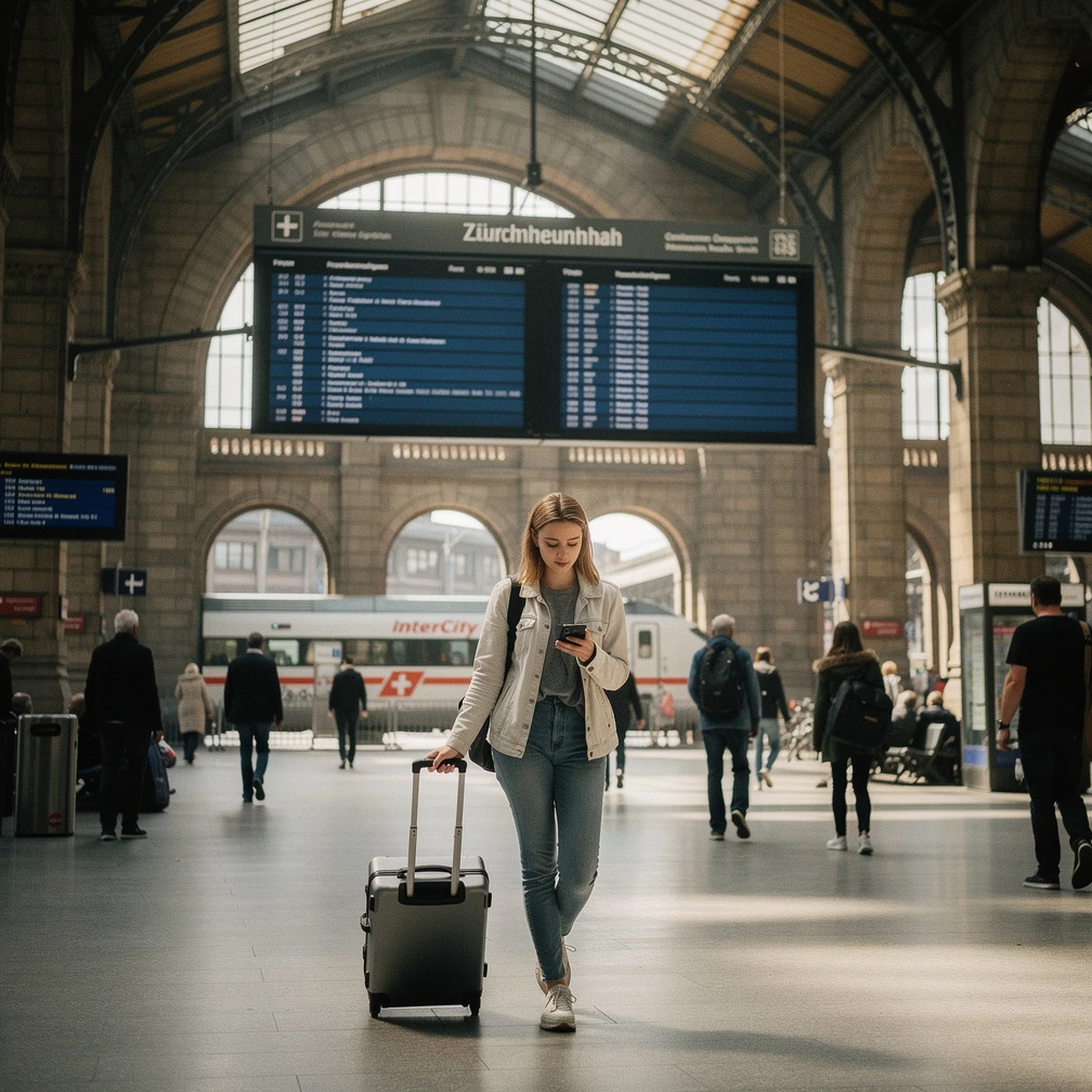 Schweizer Studentin am Zuerich Hauptbahnhof auf dem Weg ins Ausland mit Movetia-Stipendium 2026